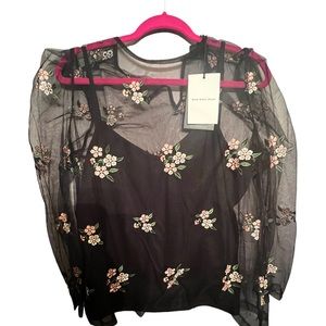 NWT Who What Wear size L sheer embroidered top
